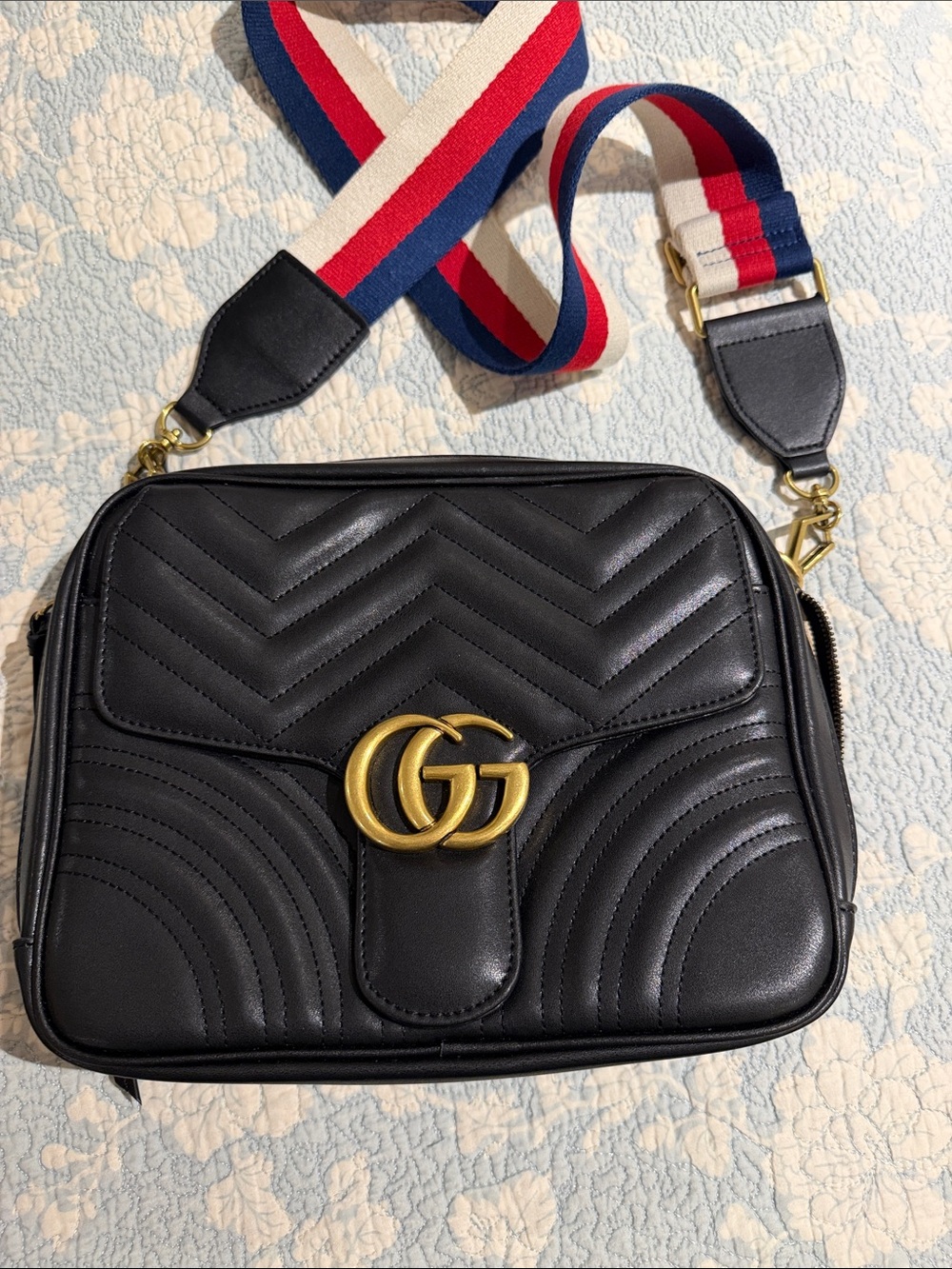 Black Quilted Leather Camera Bag with Tricolor Strap